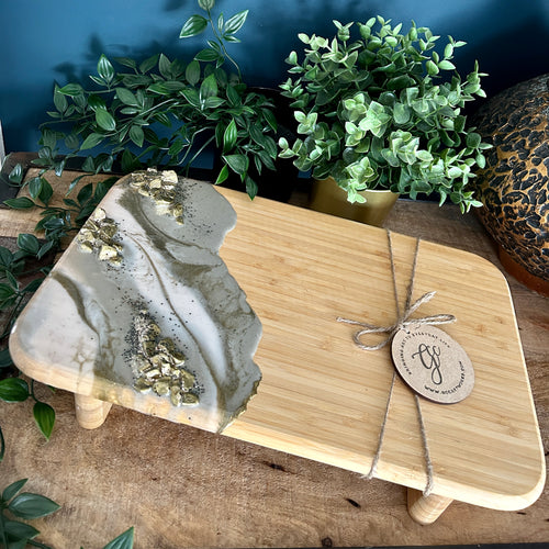 Resin Art Bamboo Raised Serving Board - Taupe, White and Gold
