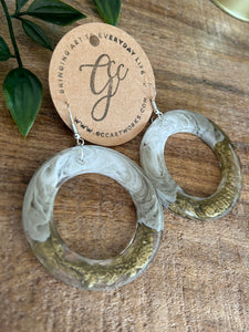 Resin Hoop Earrings - Taupe, White and Gold