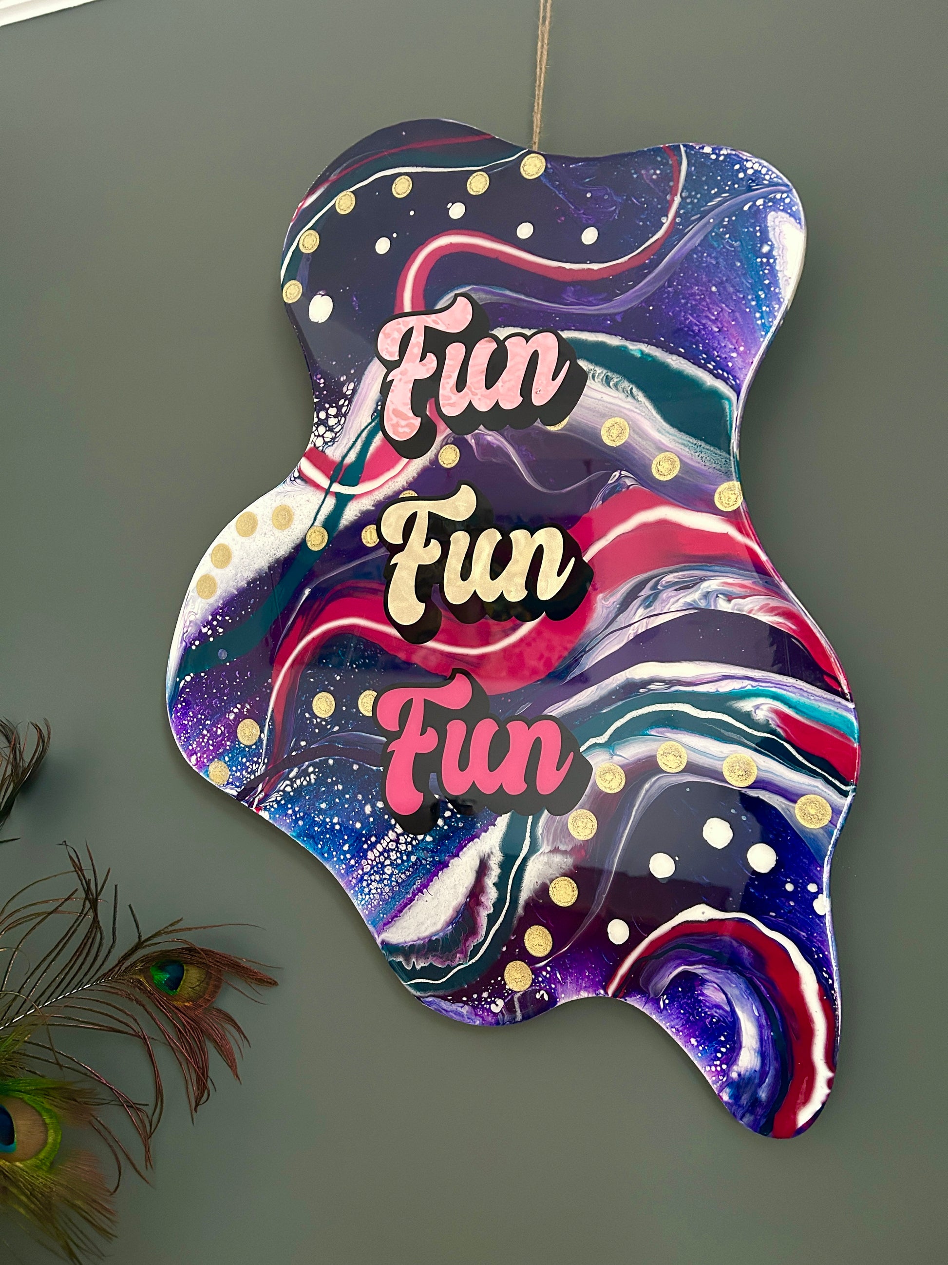 Fun bright and bold unique resin coated acrylic pour artwork in pinks, purples and blues with Fun Fun Fun type. Handmade in the uk by GCC Artworks