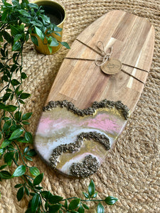 Resin Art Acacia Wood Serving Board - Pink, White and Gold