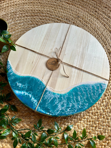 Resin Art Aspen Wood Lazy Susan Serving Board - Beachy Waves