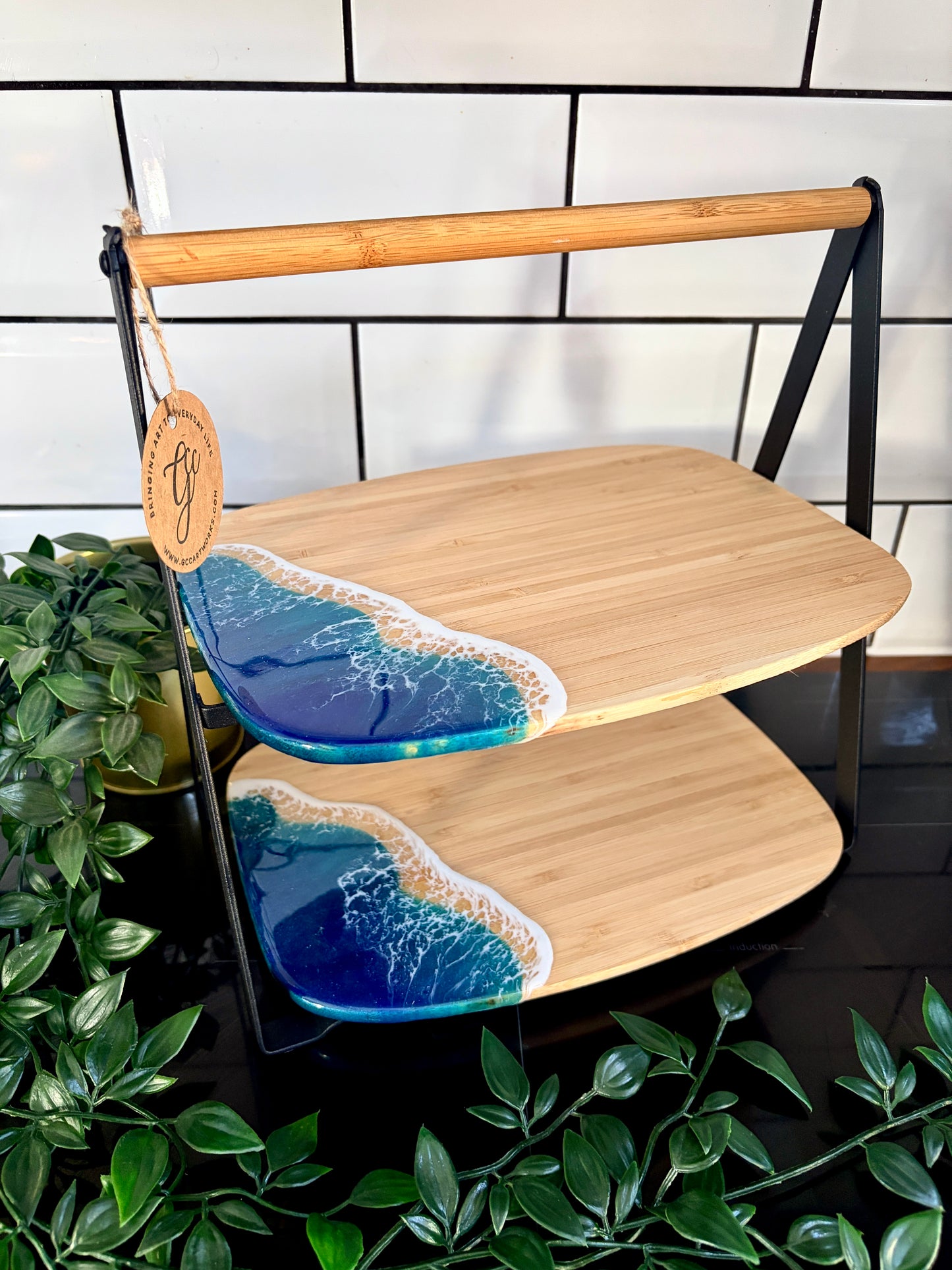 Resin Art Two-Tier Bamboo Serving Stand - Waves