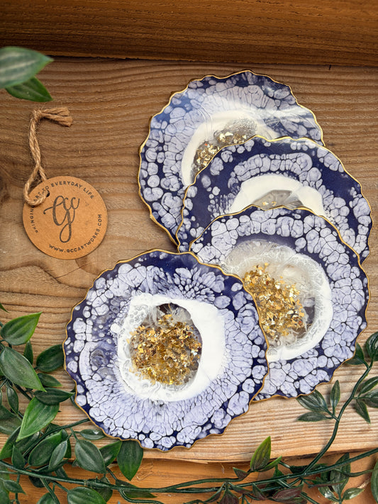 Geode Style Resin Art Coasters- Blue, White and Gold