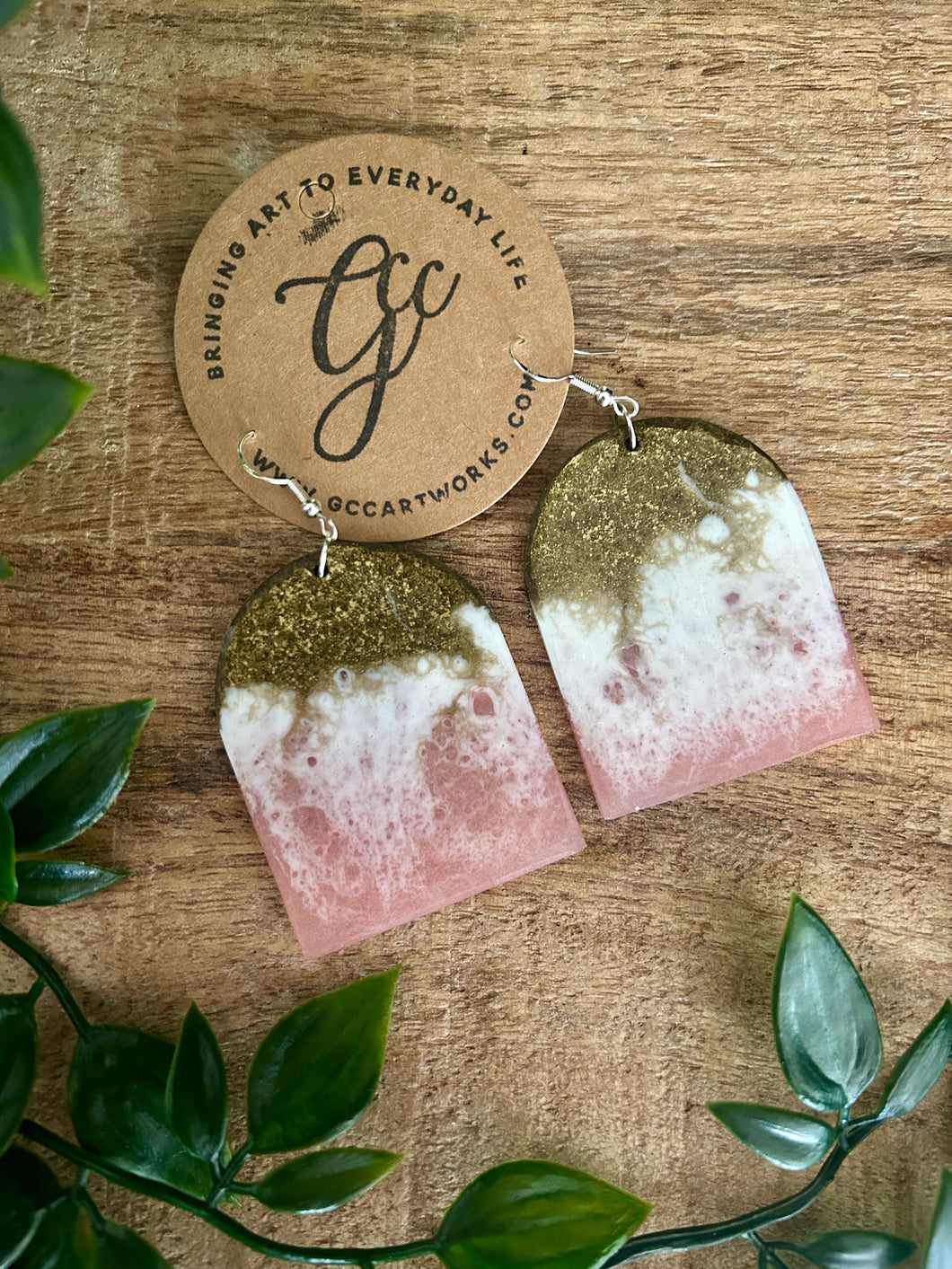 Resin Arch Earrings - Pink, White and Gold