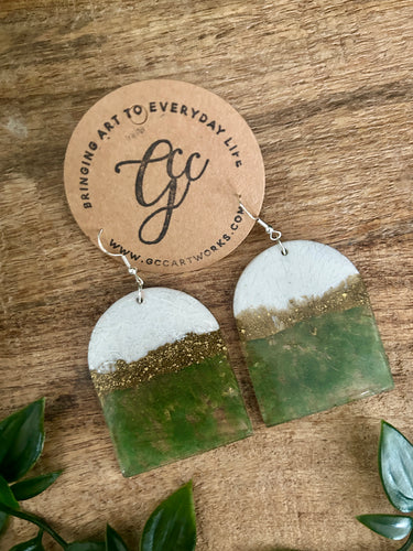 Resin Arch Earrings - Green, White and Gold