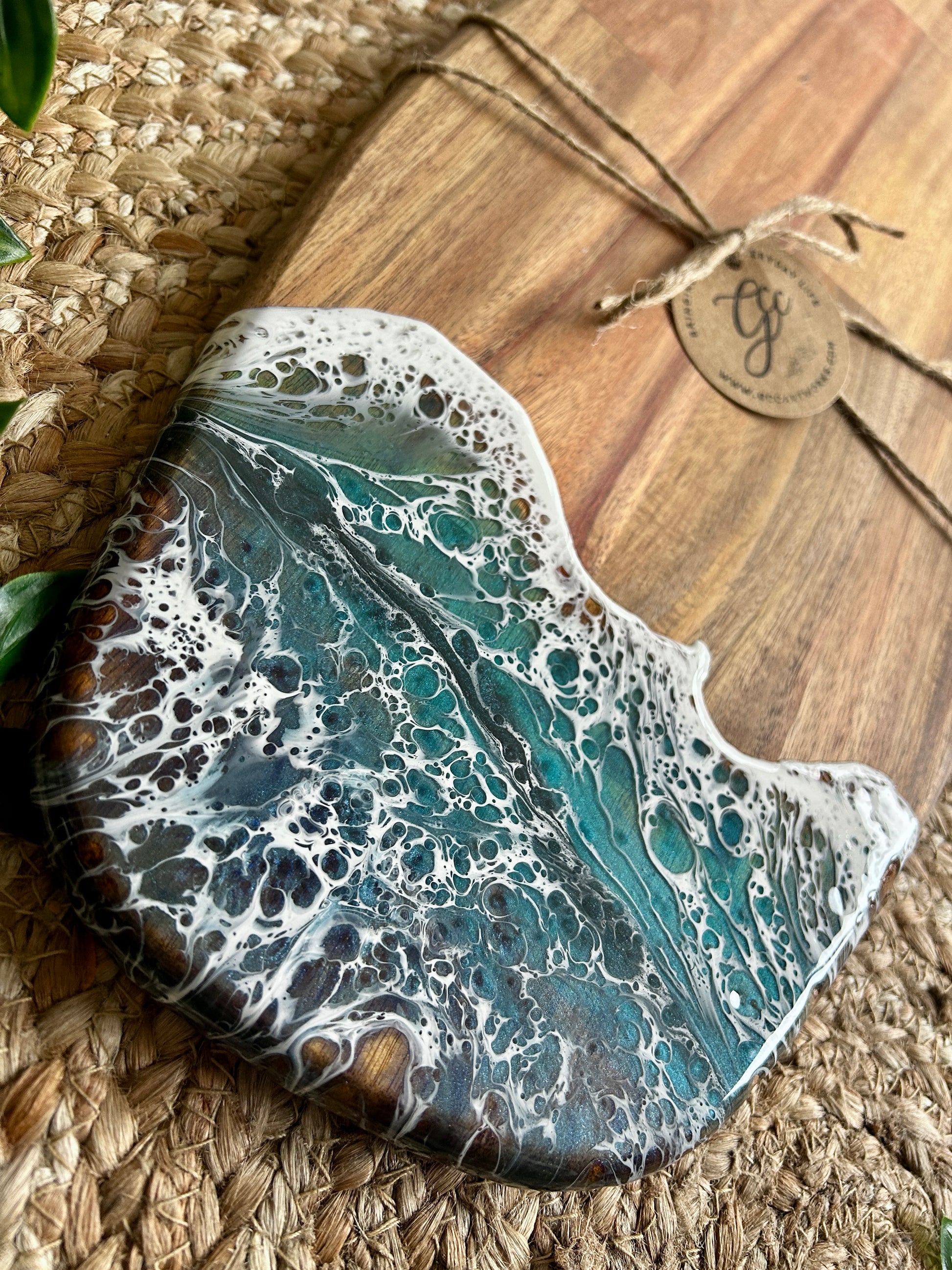 Beautiful and functional, bring a touch of seascape resin art to the party hosting with this unique handcrafted charcuterie board. 