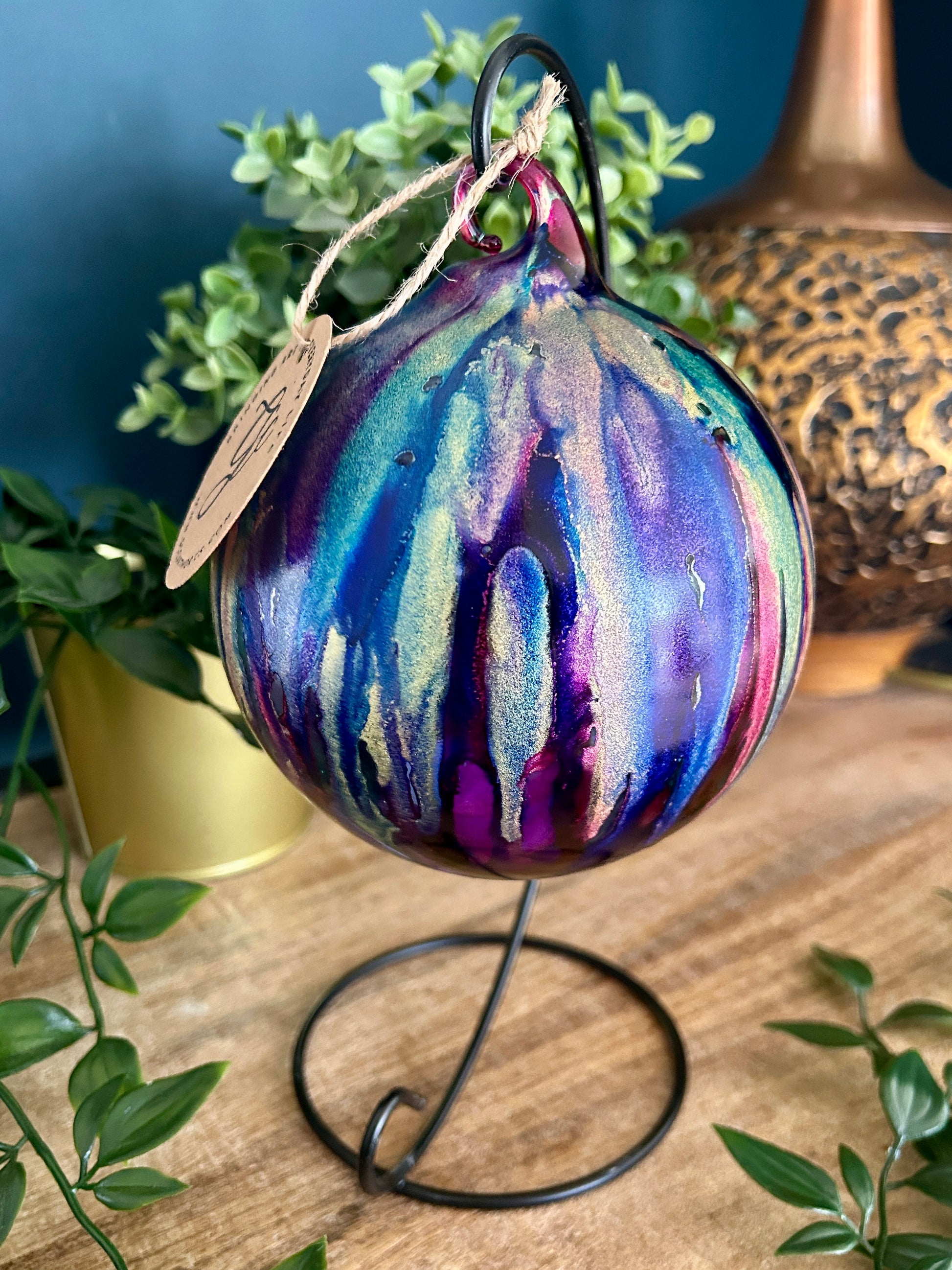 Hand-painted alcohol ink glass bauble candleholder in galaxy tones of blues, purple and gold – hanging ornament by GCC Artworks