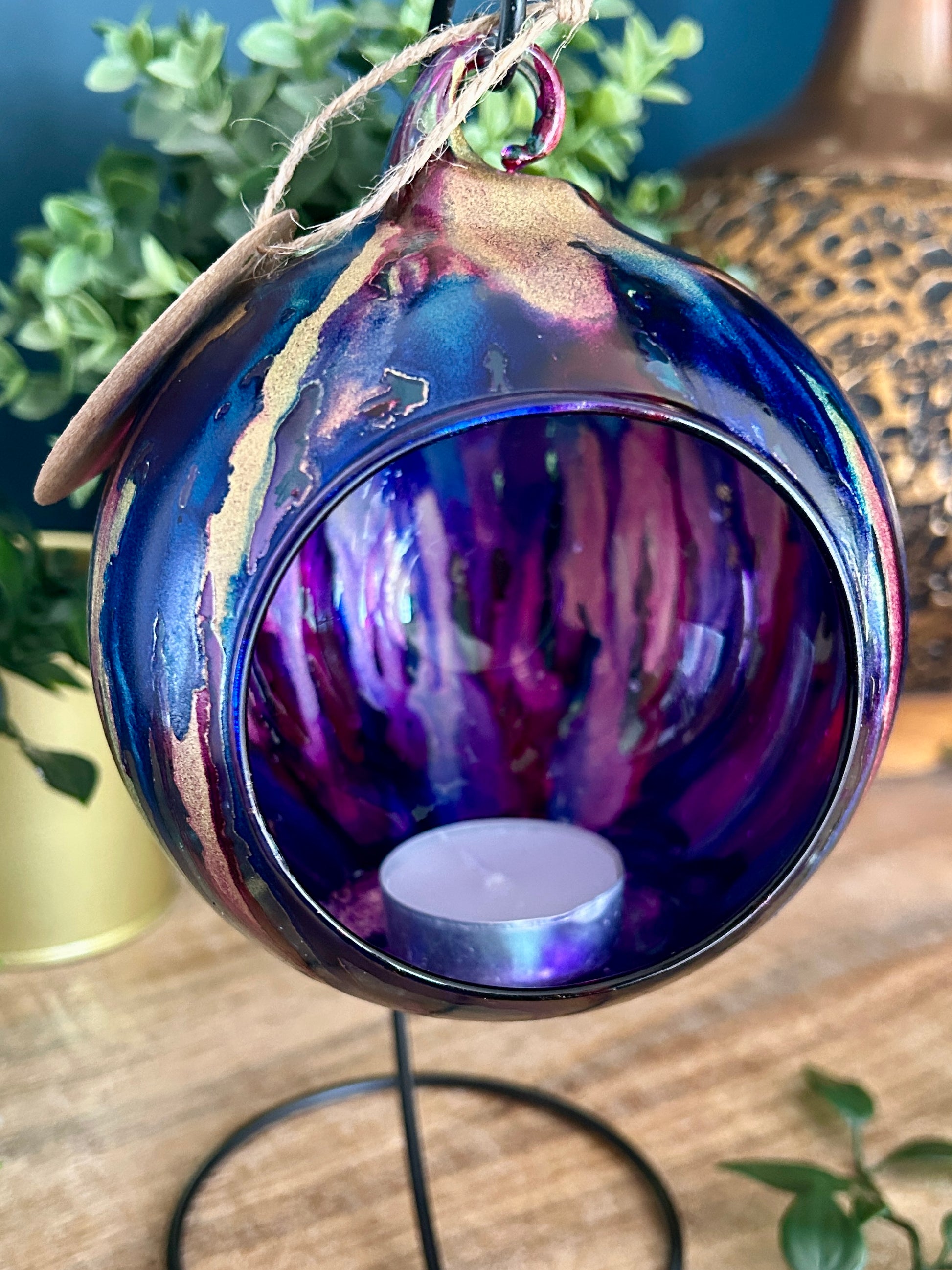 Hand-painted alcohol ink glass bauble candleholder in galaxy tones of blues, purple and gold – hanging ornament by GCC Artworks