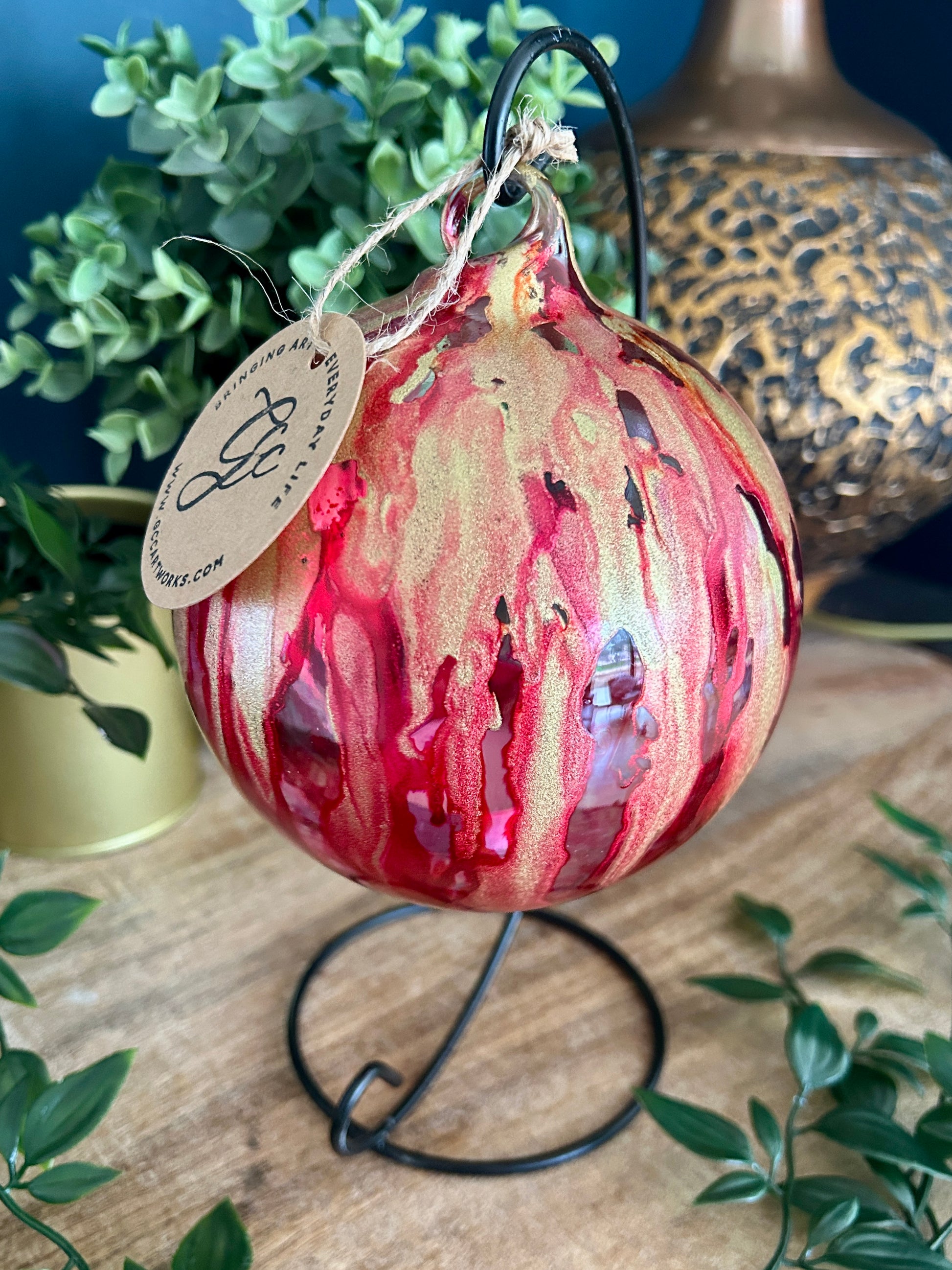 Hand-painted alcohol ink glass bauble candleholder in pink and gold – hanging ornament by GCC Artworks