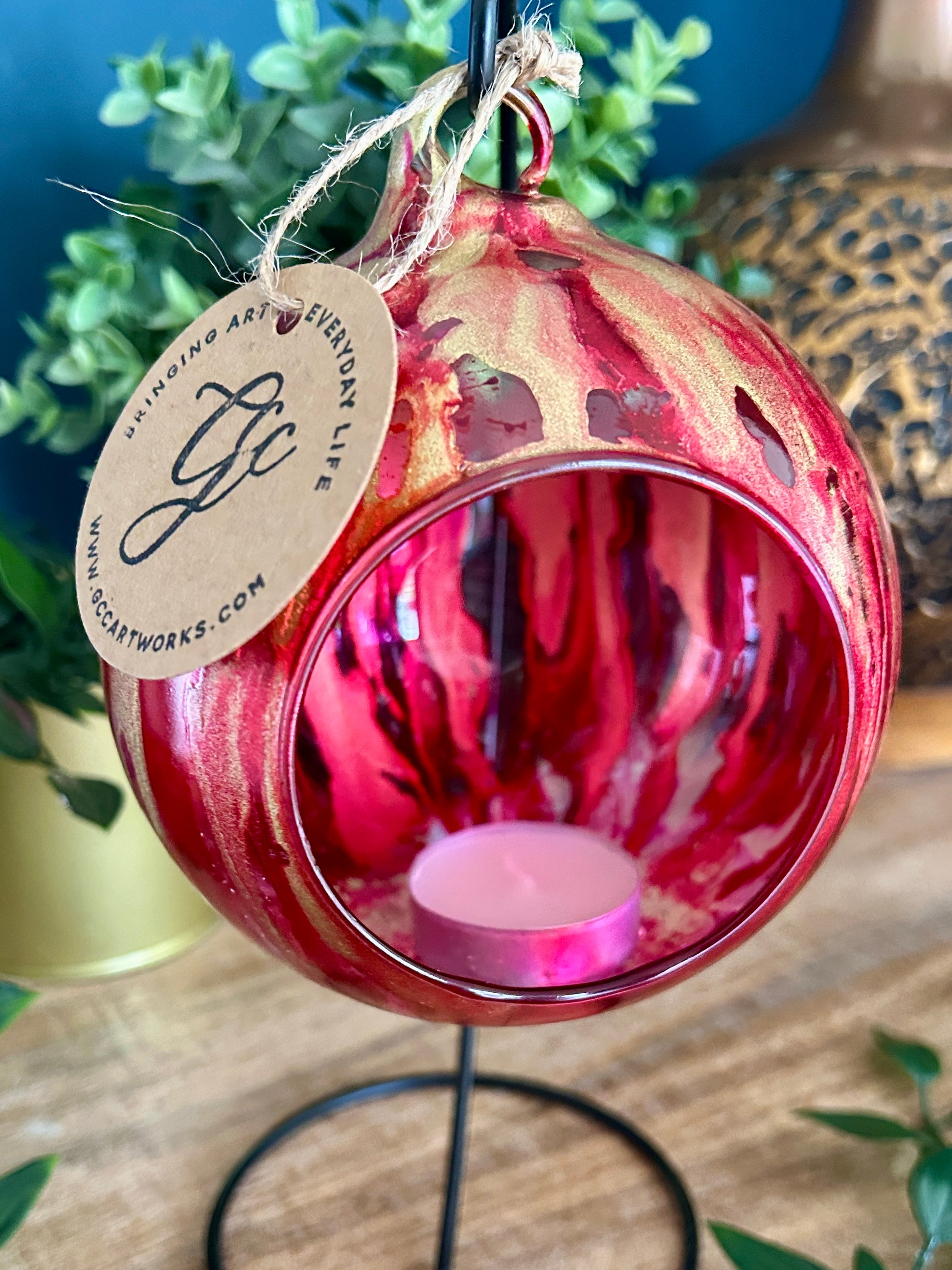 Hand-painted alcohol ink glass bauble candleholder in pink and gold – hanging ornament by GCC Artworks