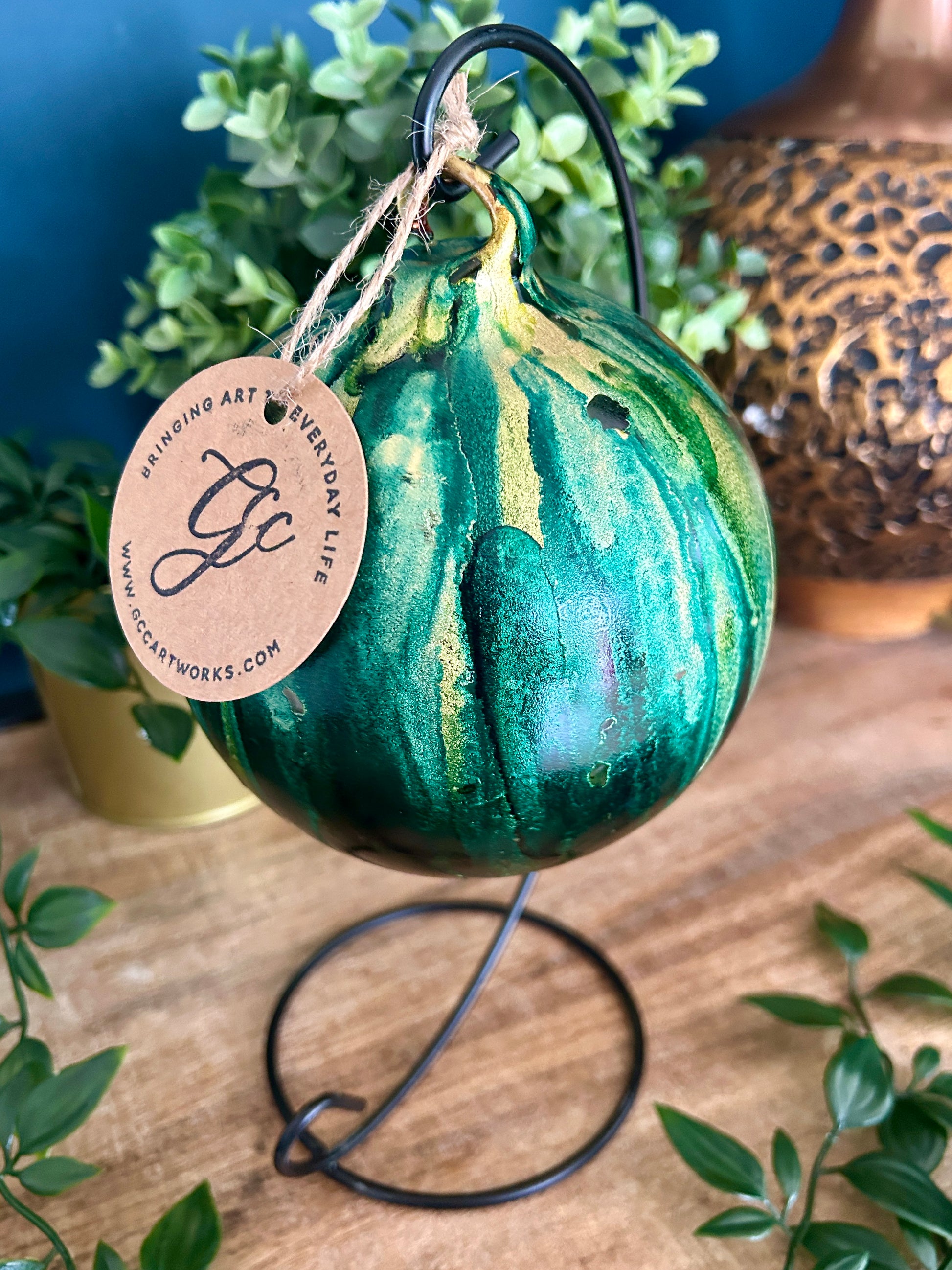 Hand-painted alcohol ink glass bauble candleholder in green and gold – hanging ornament by GCC Artworks