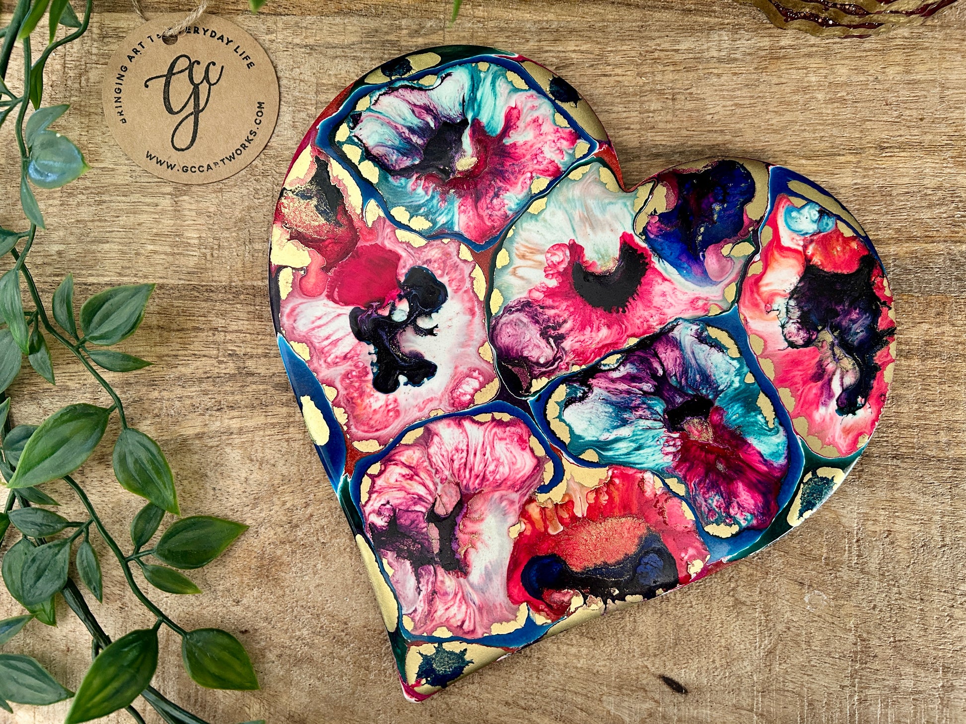 SUMMER PUNCH - Resin and Alcohol Ink Original Hanging Heart Artwork by uk artist gcc artworks in pinks, purples and gold