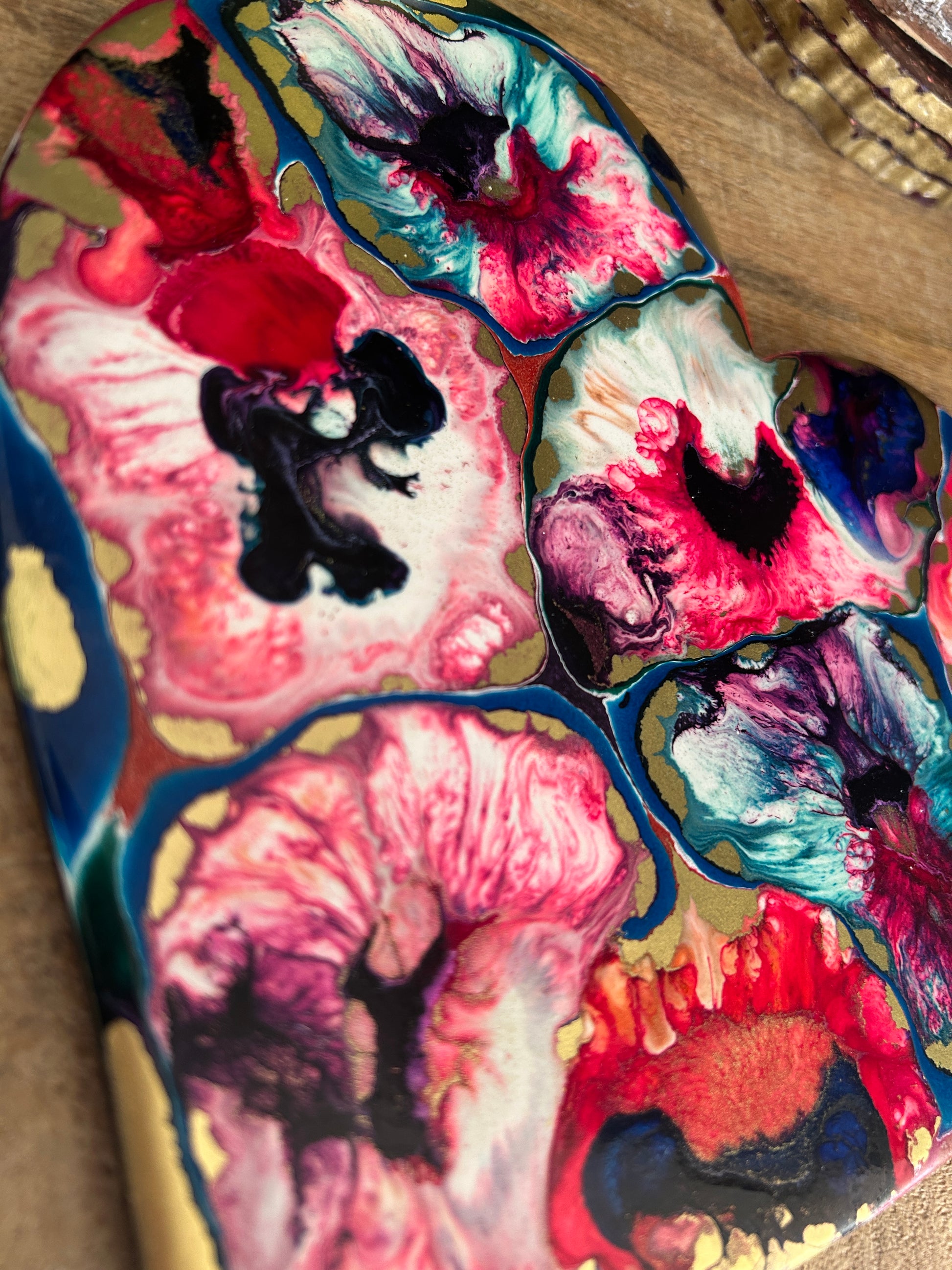 SUMMER PUNCH - Resin and Alcohol Ink Original Hanging Heart Artwork by uk artist gcc artworks in pinks, purples and gold