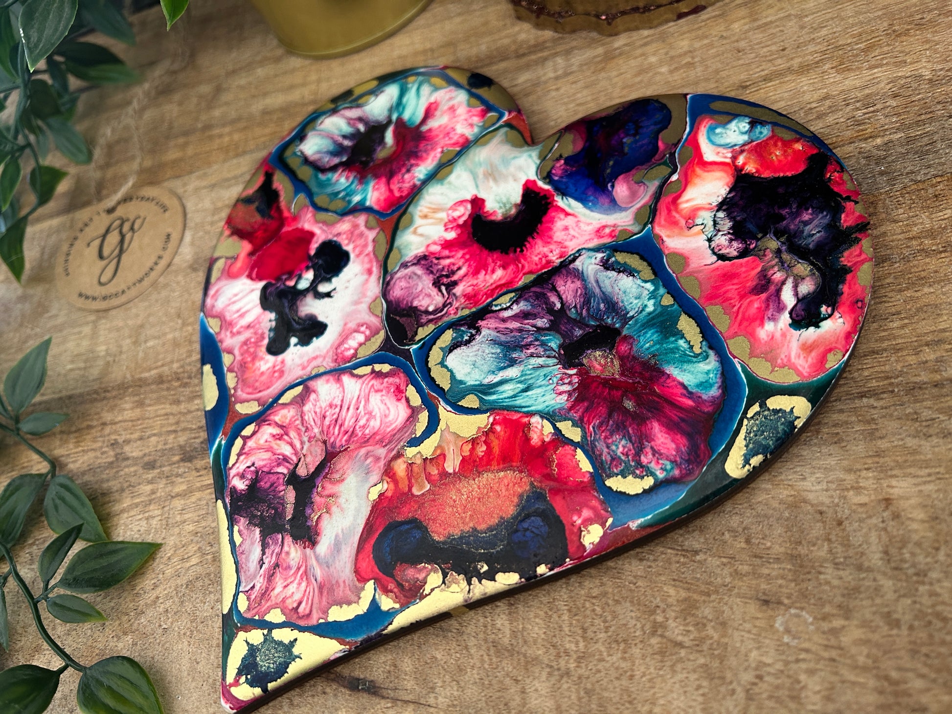 SUMMER PUNCH - Resin and Alcohol Ink Original Hanging Heart Artwork by uk artist gcc artworks  in pinks, purples and gold
