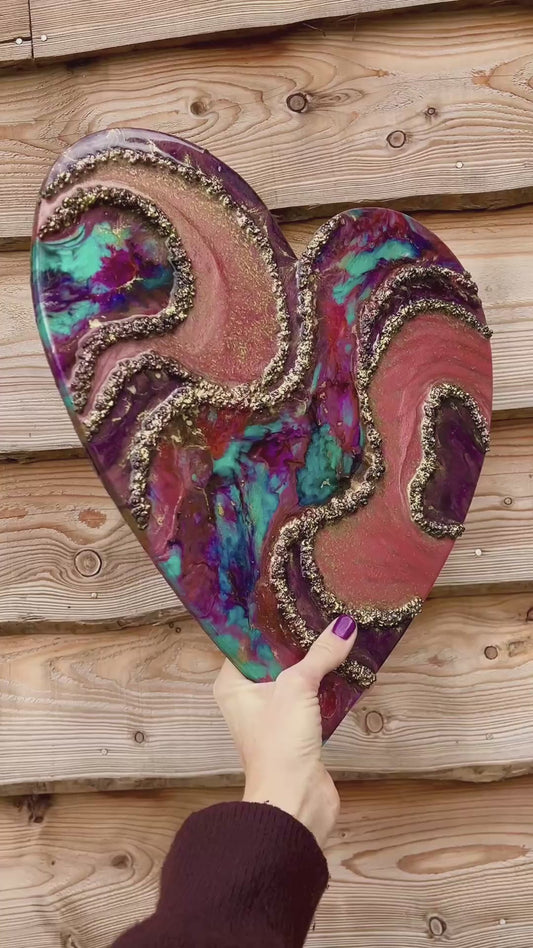 WILD ROSE - Resin and Alcohol Ink Original Hanging Heart Artwork