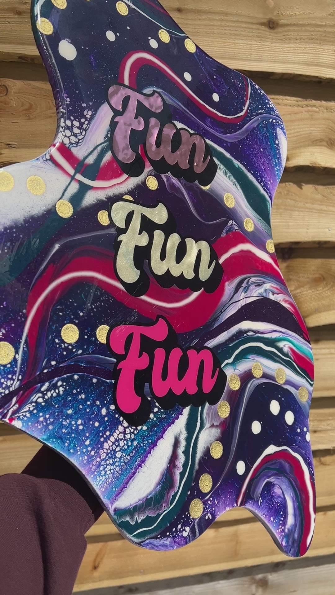 Fun bright and bold unique resin coated acrylic pour artwork in pinks, purples and blues with Fun Fun Fun type. Handmade in the uk by GCC Artworks